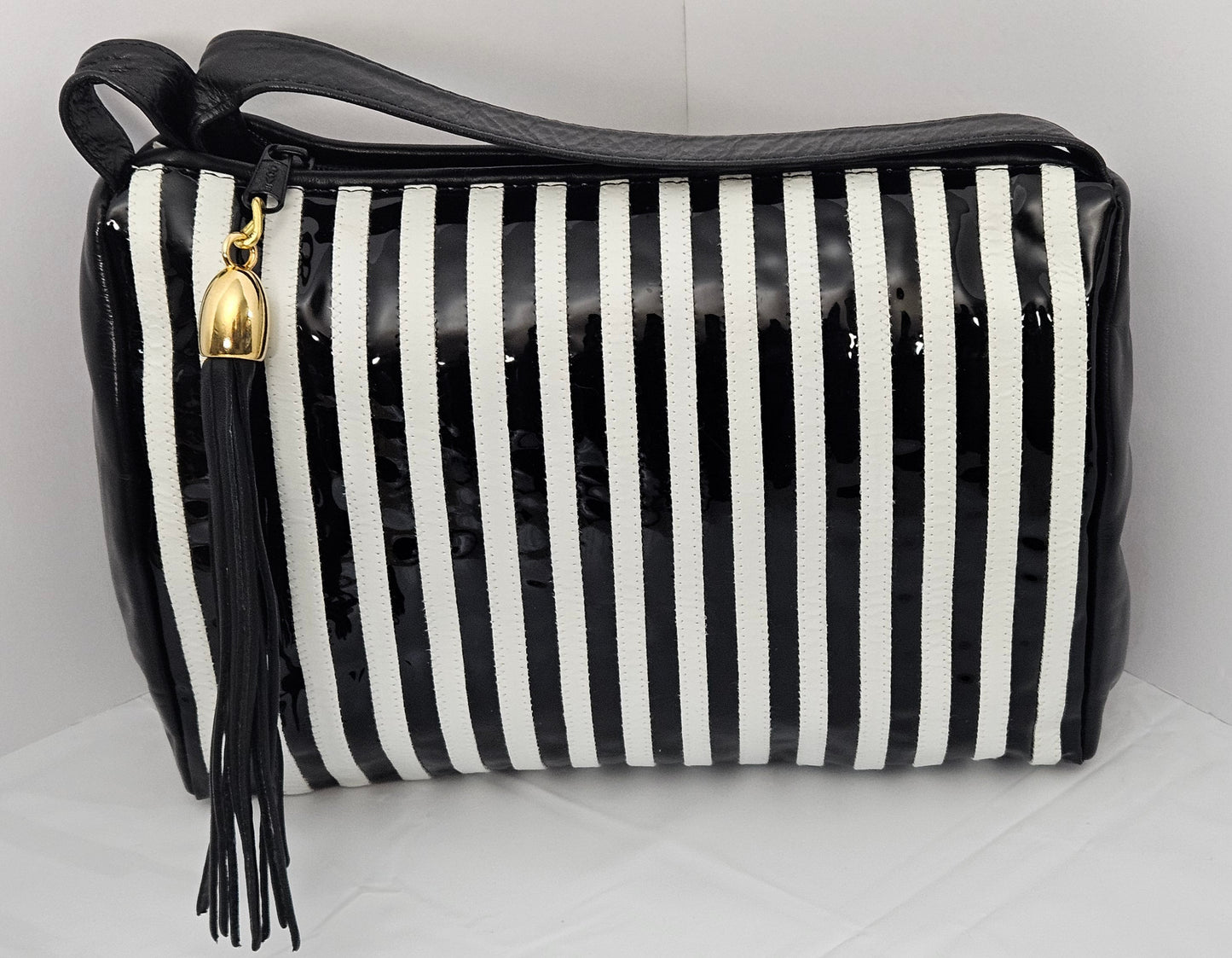 Black & White Striped Leather Crossbody Handbag - Made in USA