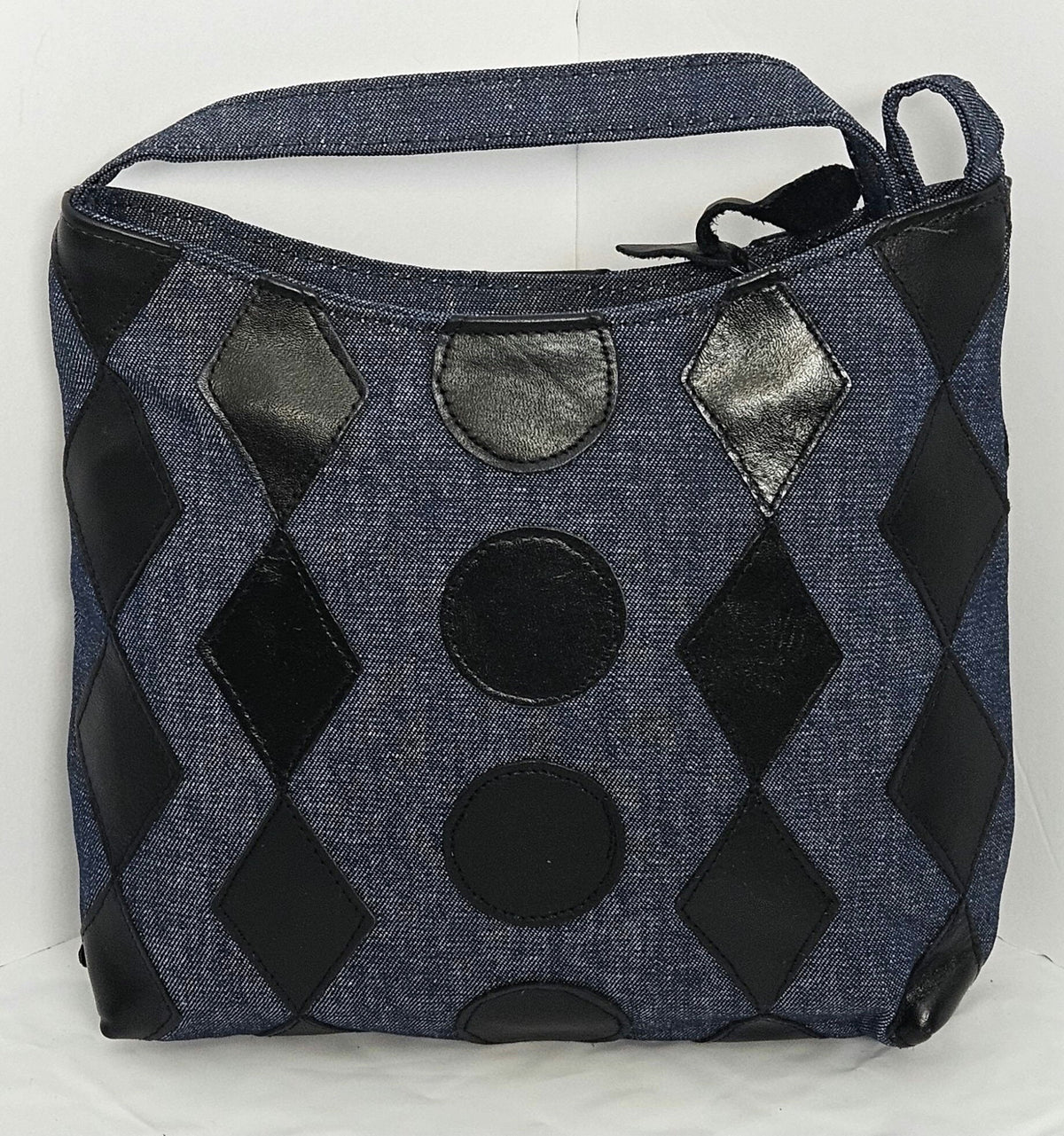 Denim Handbag with Black Leather Diamond and Circle Design, USA Made