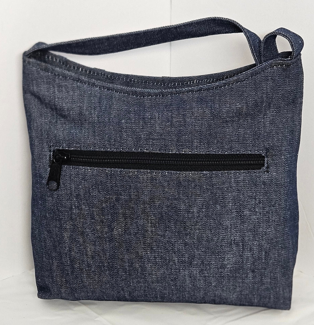 Blue Denim Moonbag: Genuine Leather Leaf Applique Handbag