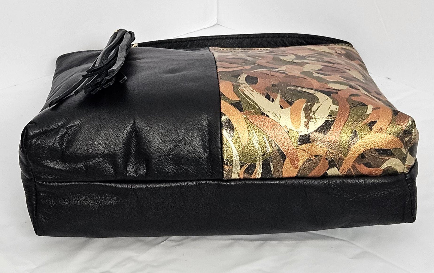 Black Leather Crossbody Handbag, Multi Print, Made in USA