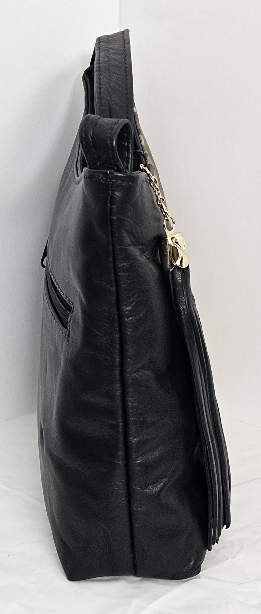 Black Leather Crossbody Handbag, Multi Print, Made in USA