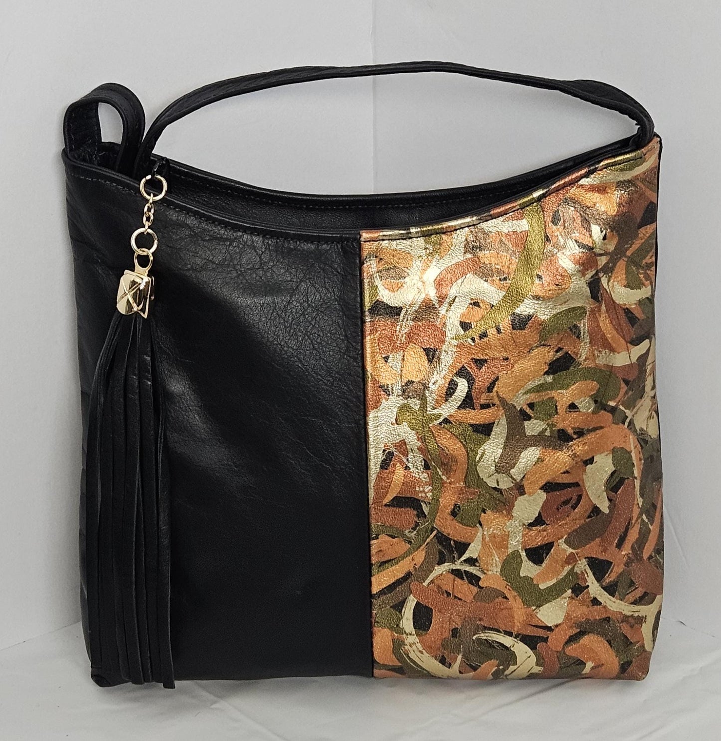 Black Leather Crossbody Handbag, Multi Print, Made in USA