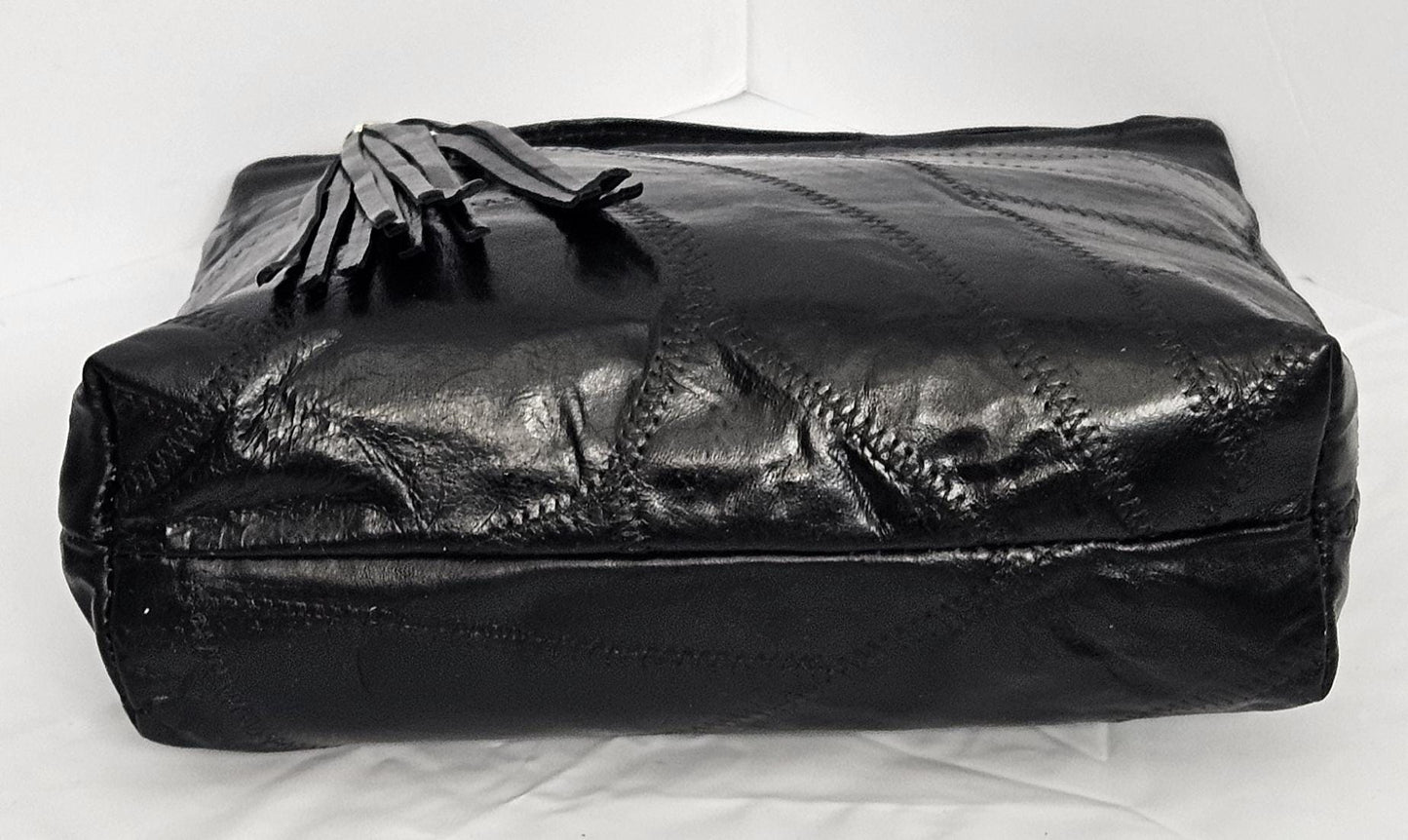 Black Patchwork Genuine Leather Handbag - Made in USA