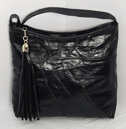 Black Patchwork Genuine Leather Handbag - Made in USA