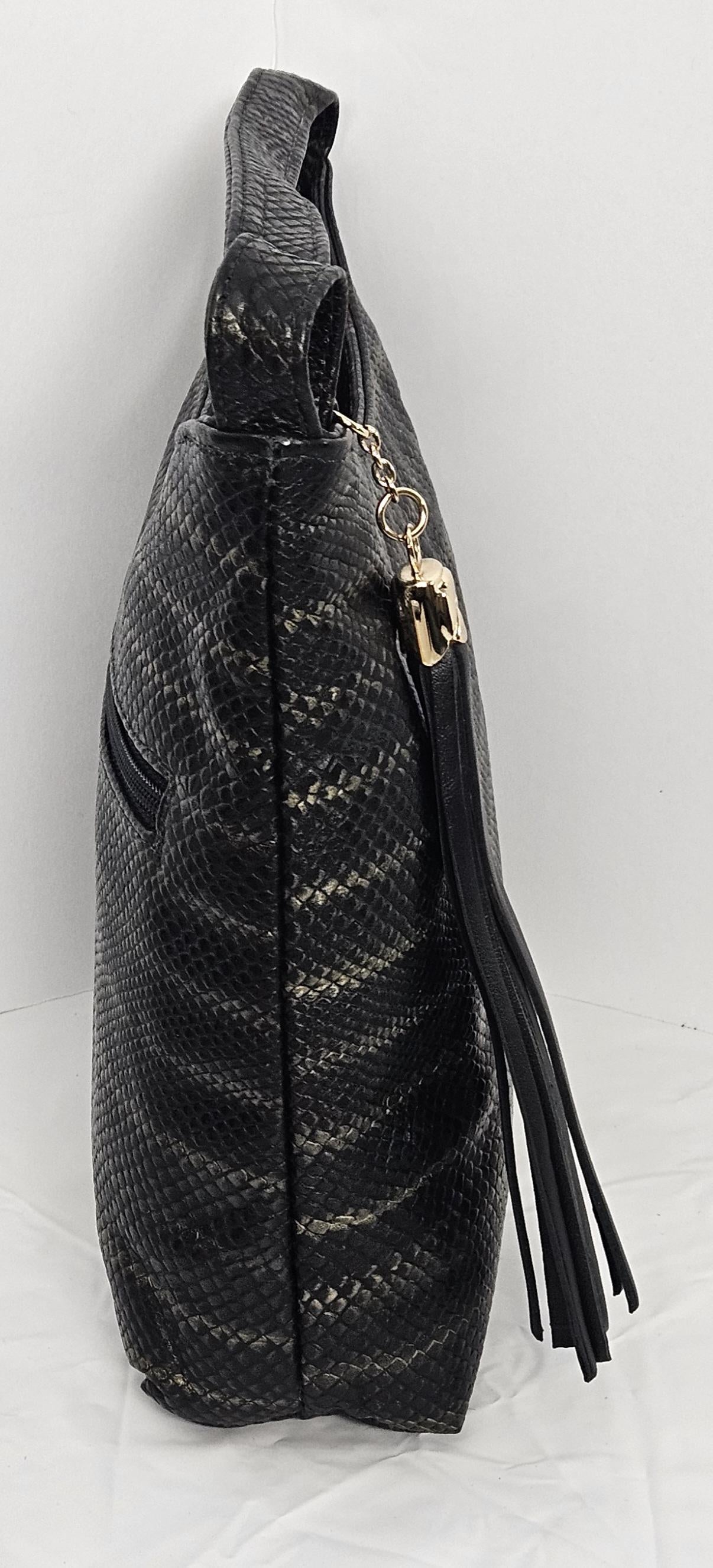 Two-Tone Leather Handbag, Black & Pewter Print, USA Made