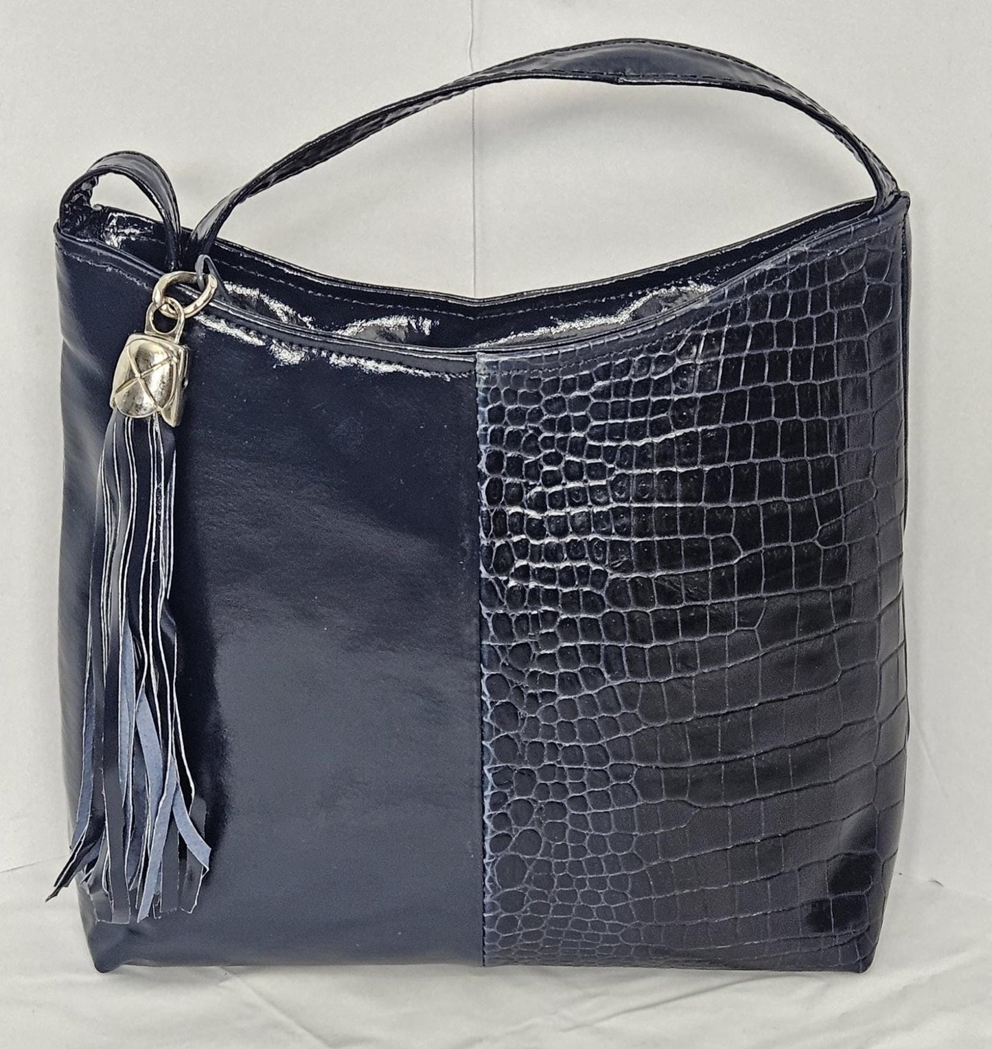 Two-Tone Leather Handbag, Navy Crocodile & Black, Made in USA