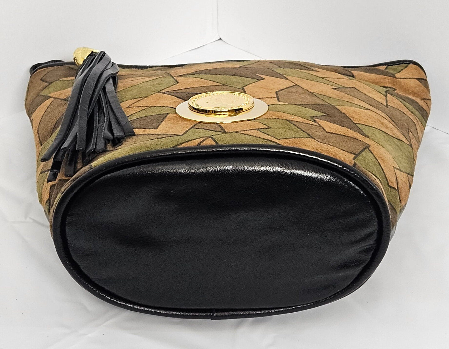 Black Multiprint Genuine Leather Handbag: Gold Coin & Tassel, Made in USA