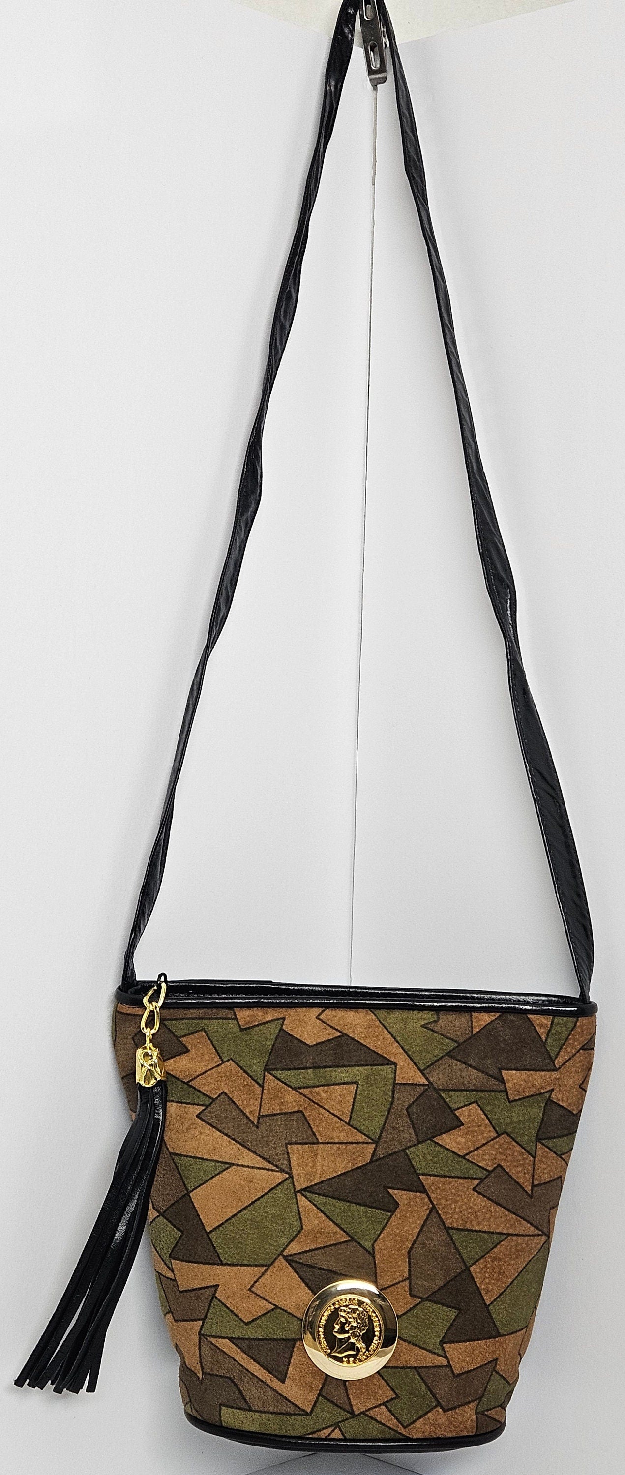 Black Multiprint Genuine Leather Handbag: Gold Coin & Tassel, Made in USA