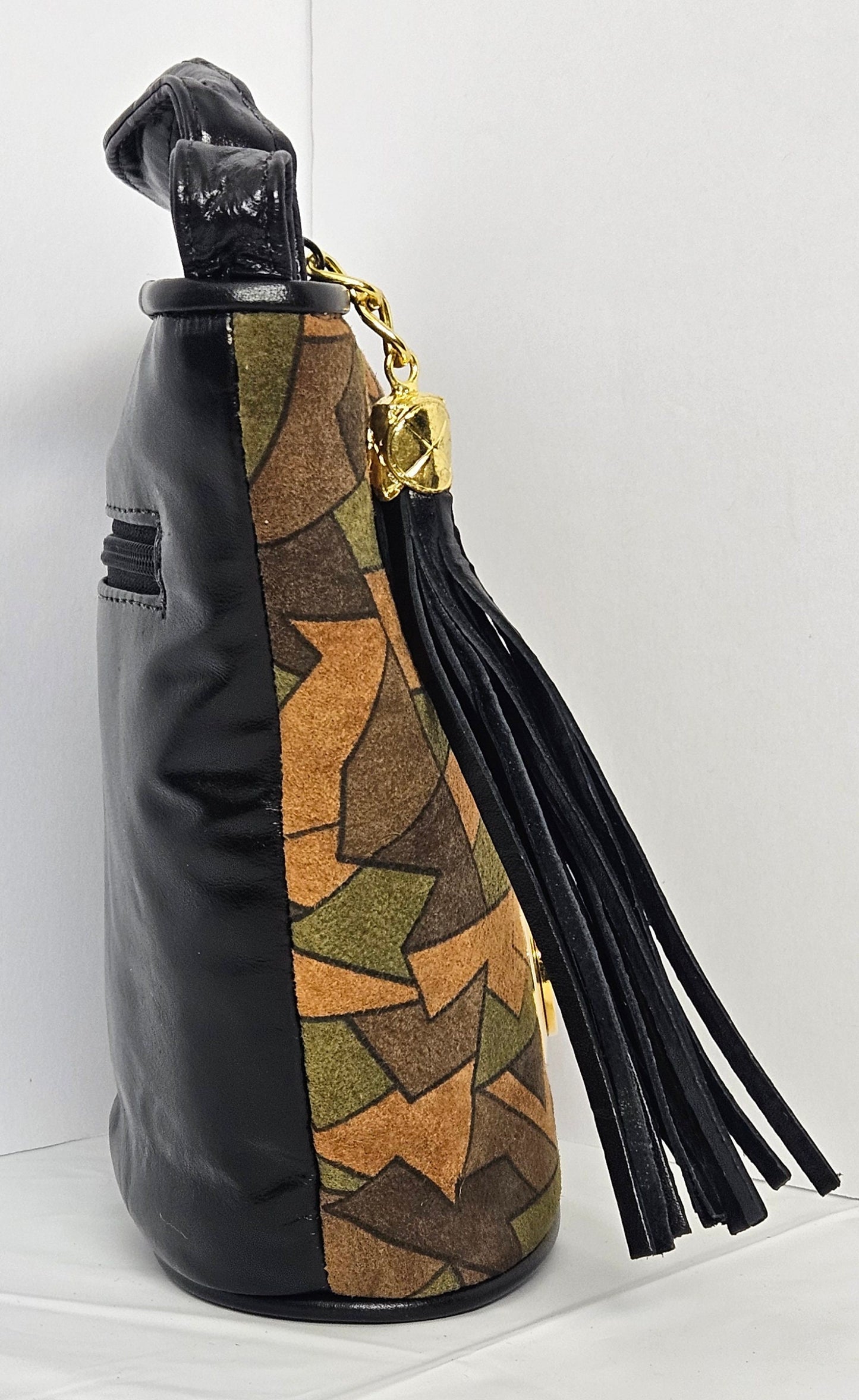 Black Multiprint Genuine Leather Handbag: Gold Coin & Tassel, Made in USA
