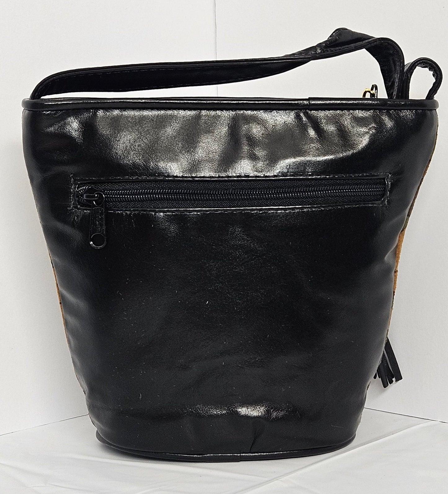 Black Multiprint Genuine Leather Handbag: Gold Coin & Tassel, Made in USA