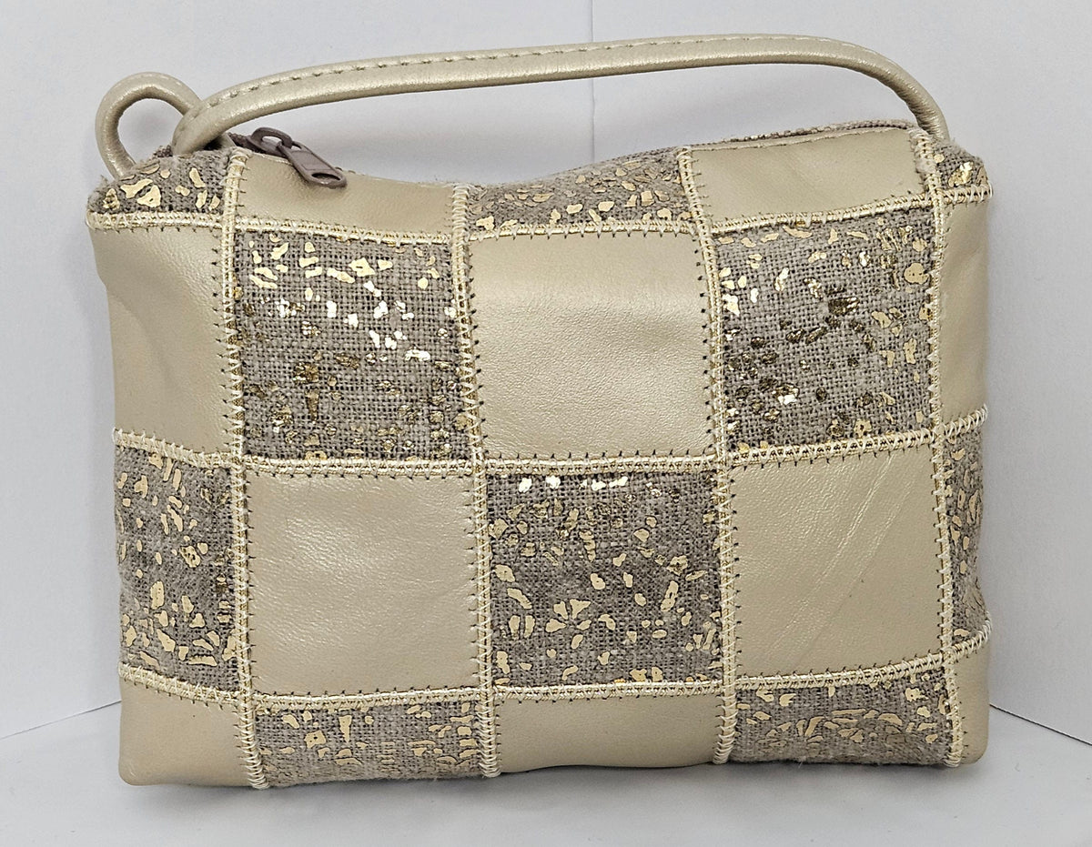 Champagne Leather Crossbody Bag: Zigzag Stitch Travel Handbag, Made in USA