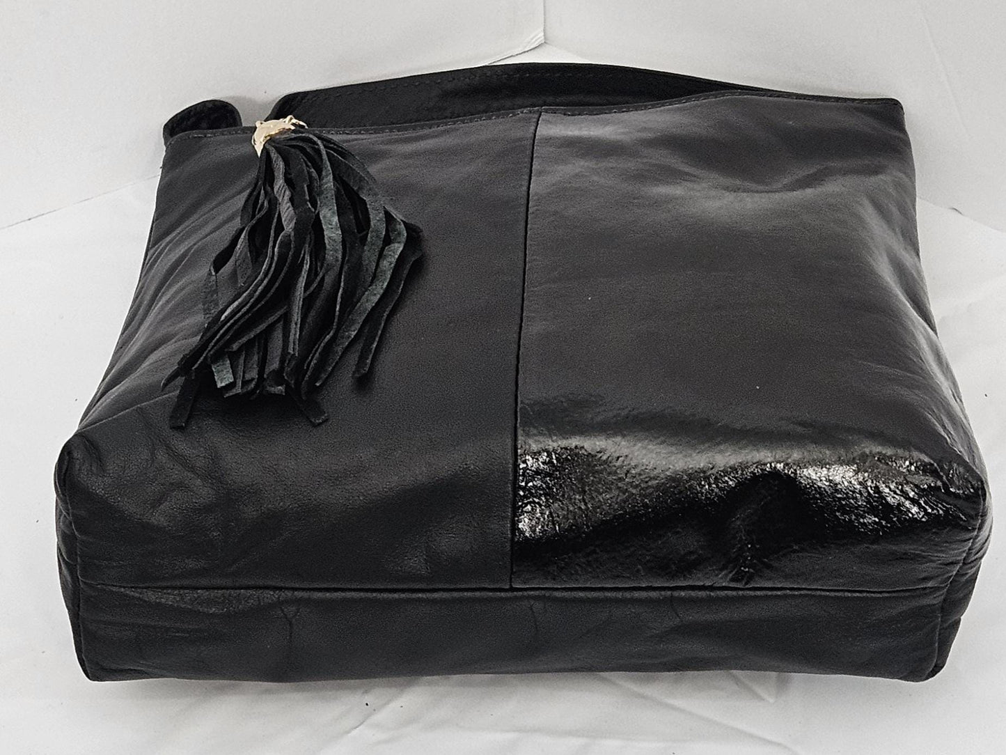 Black Leather Crossbody Handbag, Half & Half Design, Made in USA