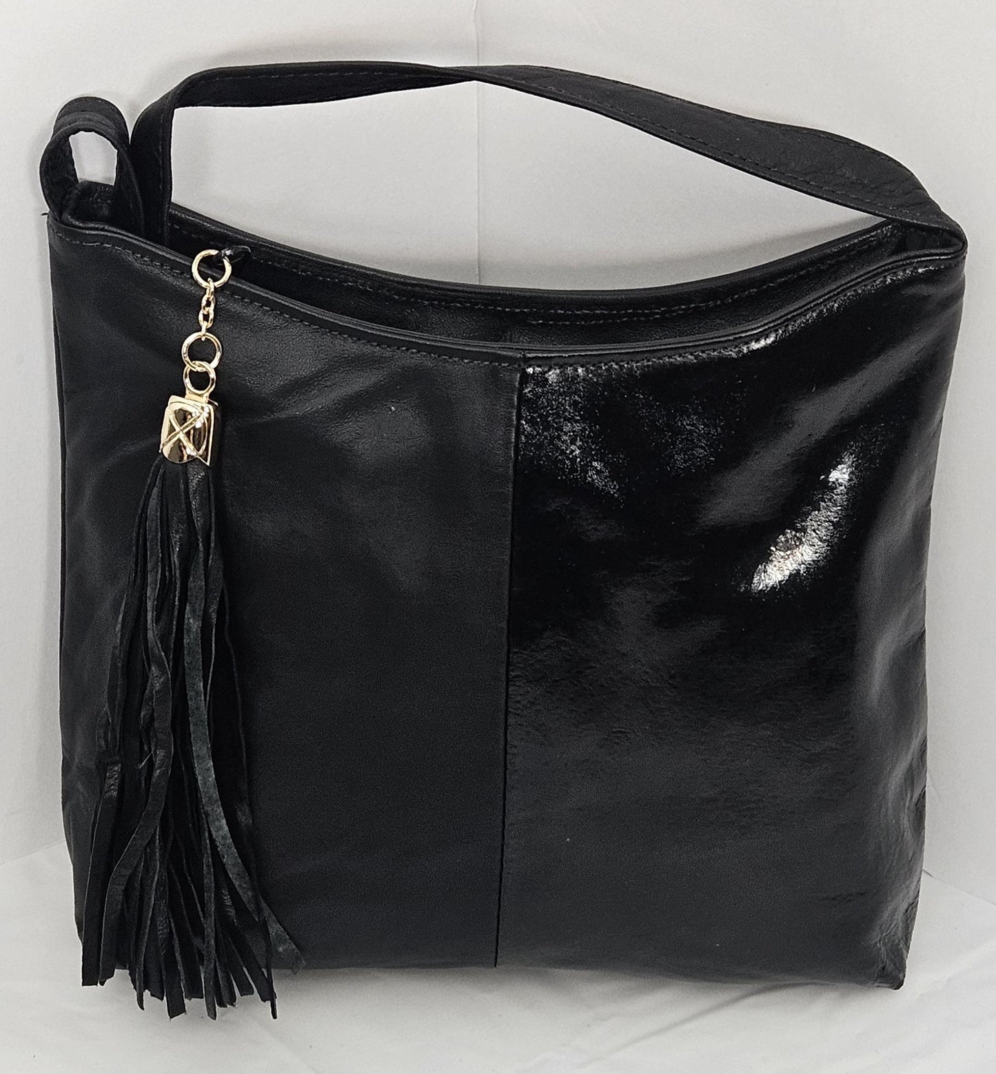 Black Leather Crossbody Handbag, Half & Half Design, Made in USA