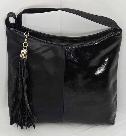 Black Leather Crossbody Handbag, Half & Half Design, Made in USA