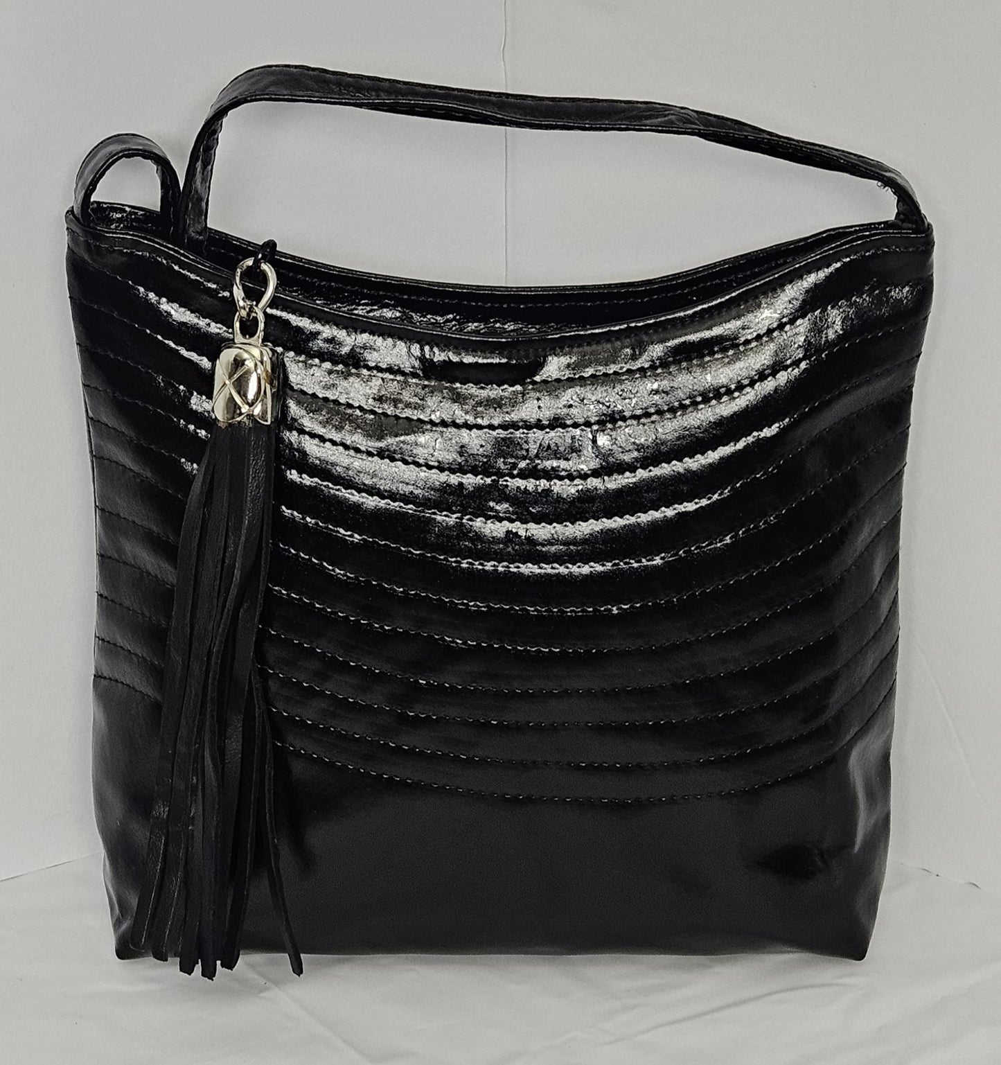 Black Patton Genuine Leather Handbag, Stich Design, Made in USA
