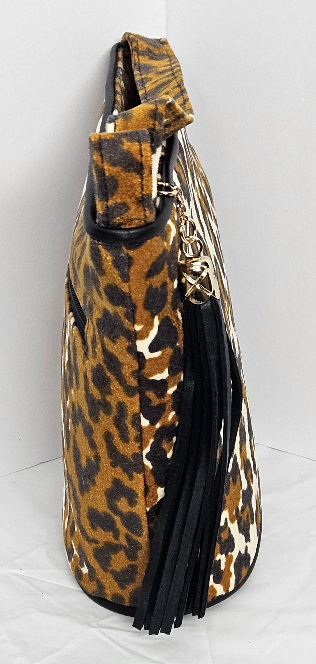 Leopard Print Fabric & Leather Handbag: USA Made Crossbody Purse