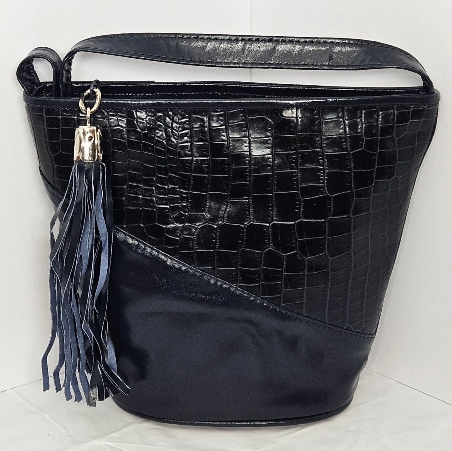 Navy triangle Crocodile and plain Embossed  Genuine Leather Handbag.#TR2099Ntc, for girls,women,Universal Use,Unique design. Made in USA.