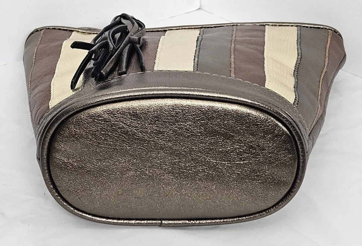Pewter Zigzag Genuine Leather Handbag: Multi-tone Bucket Bag