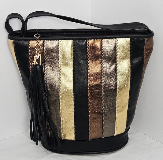 Black Leather Handbag: Multi Zigzag Italian Leather Crossbody, Made in USA