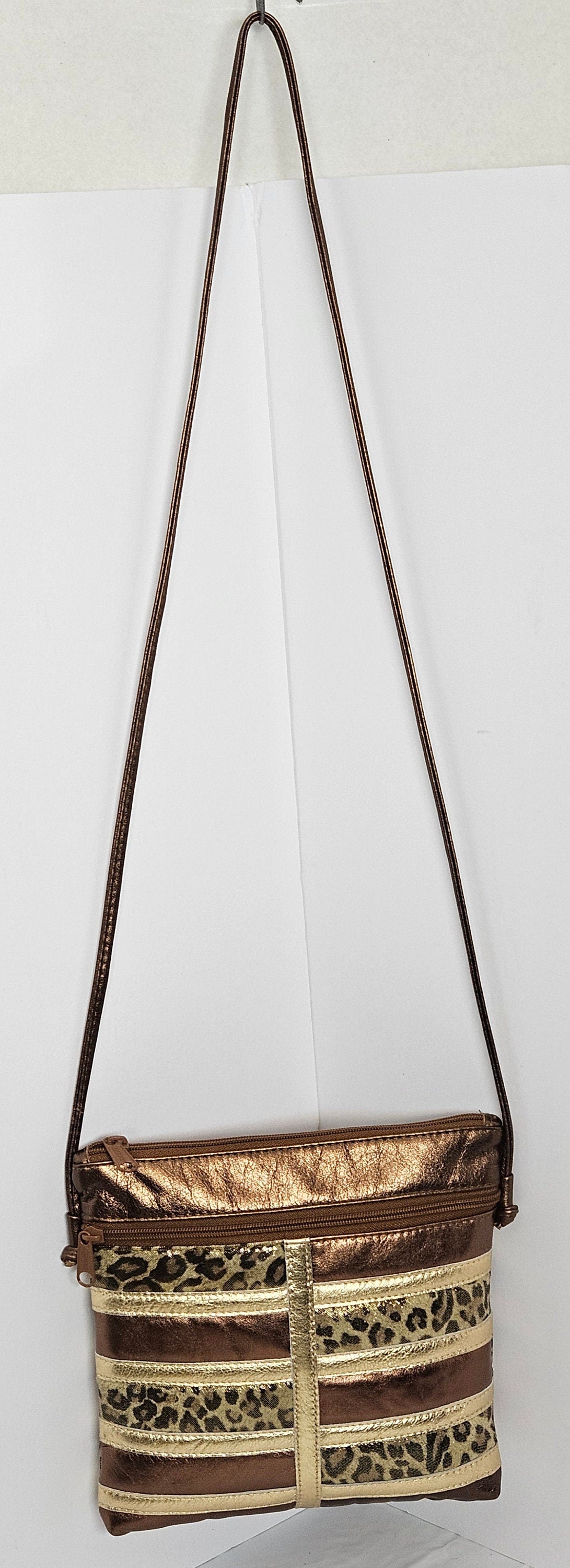 Bronze Leopard Patchwork Leather Crossbody Bag, USA Made