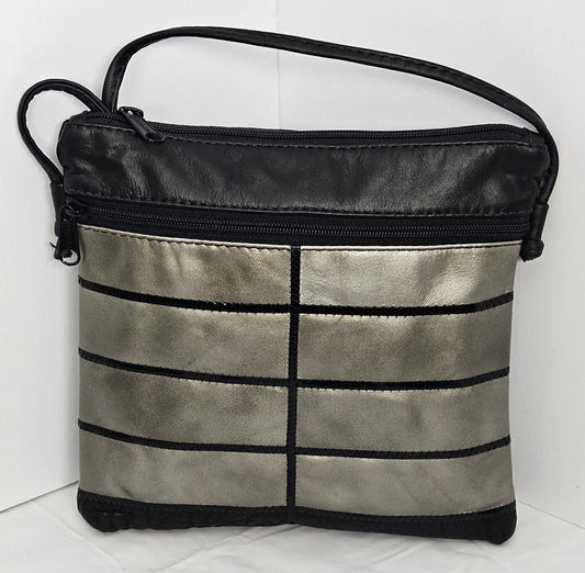 Black with dark gray metallic leather Zigzag work purse for Women,girls,and all. #305Bdgz.Design for you.Made in USA.