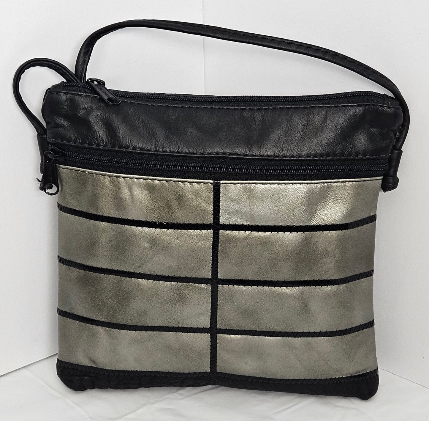 Black with dark gray metallic leather Zigzag work purse for Women,girls,and all. #Tr305-2Bdgz.Design for you.Made in USA.