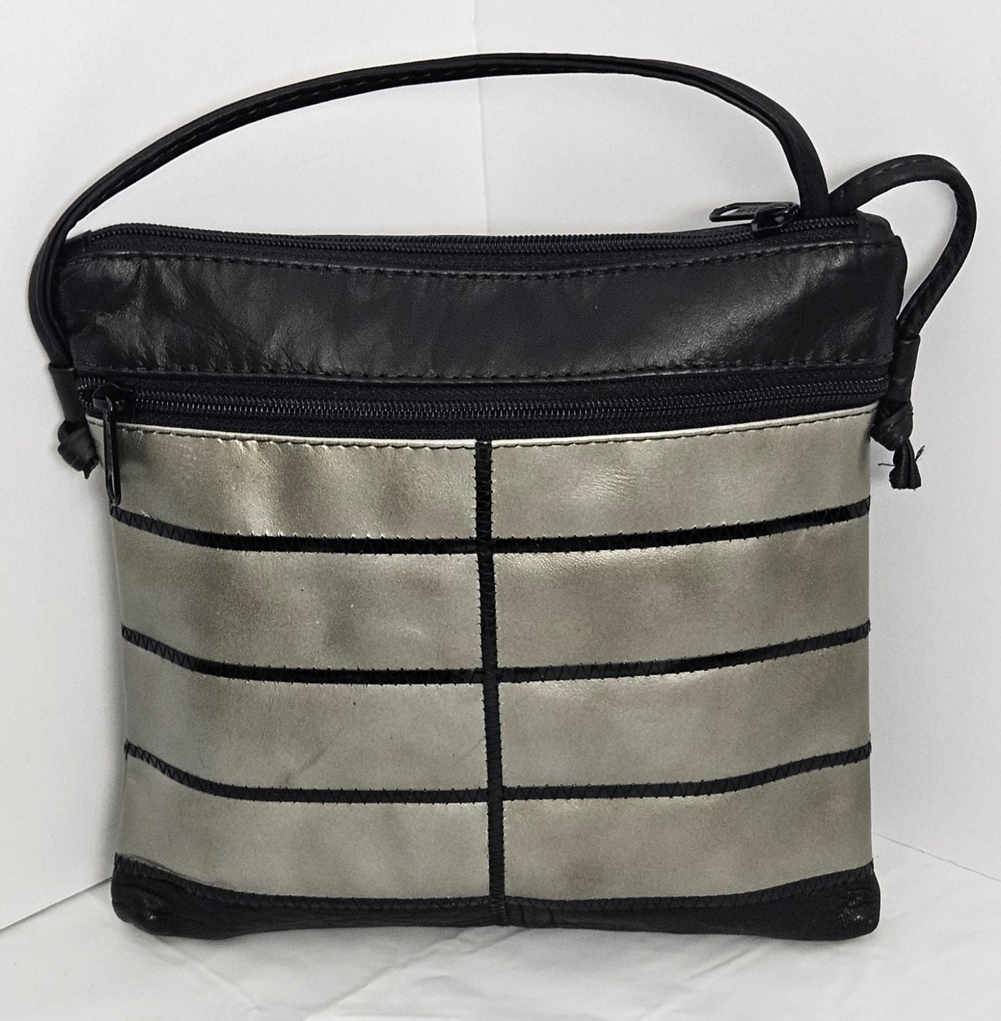 Black with dark gray metallic leather Zigzag work purse for Women,girls,and all. #305Bdgz.Design for you.Made in USA.