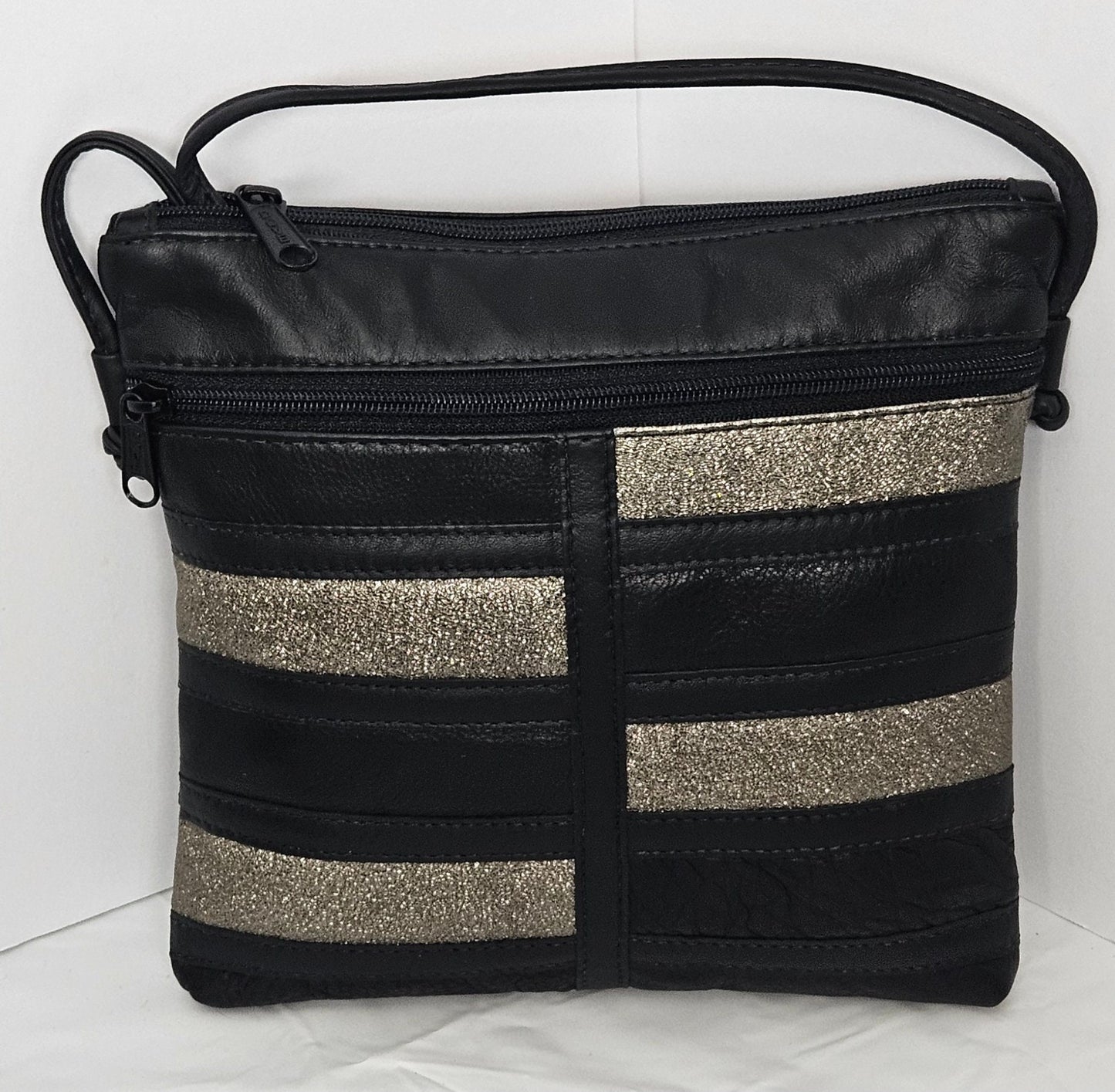 Black with glitter Metallic leather patchwork purse for Women,girls,and all. #305Bgmp.Design for you.Made in USA.