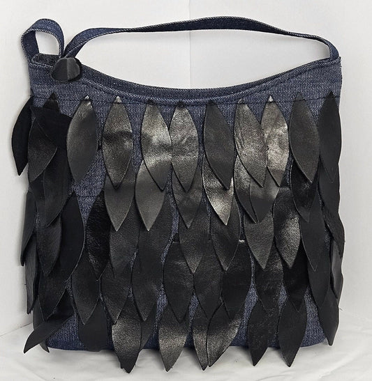 Blue Denim with black leafs Genuine Leather Handbag for all! Moonbag #Tr306Dmb,Gift for Mom,her,girls. design Purses for you!