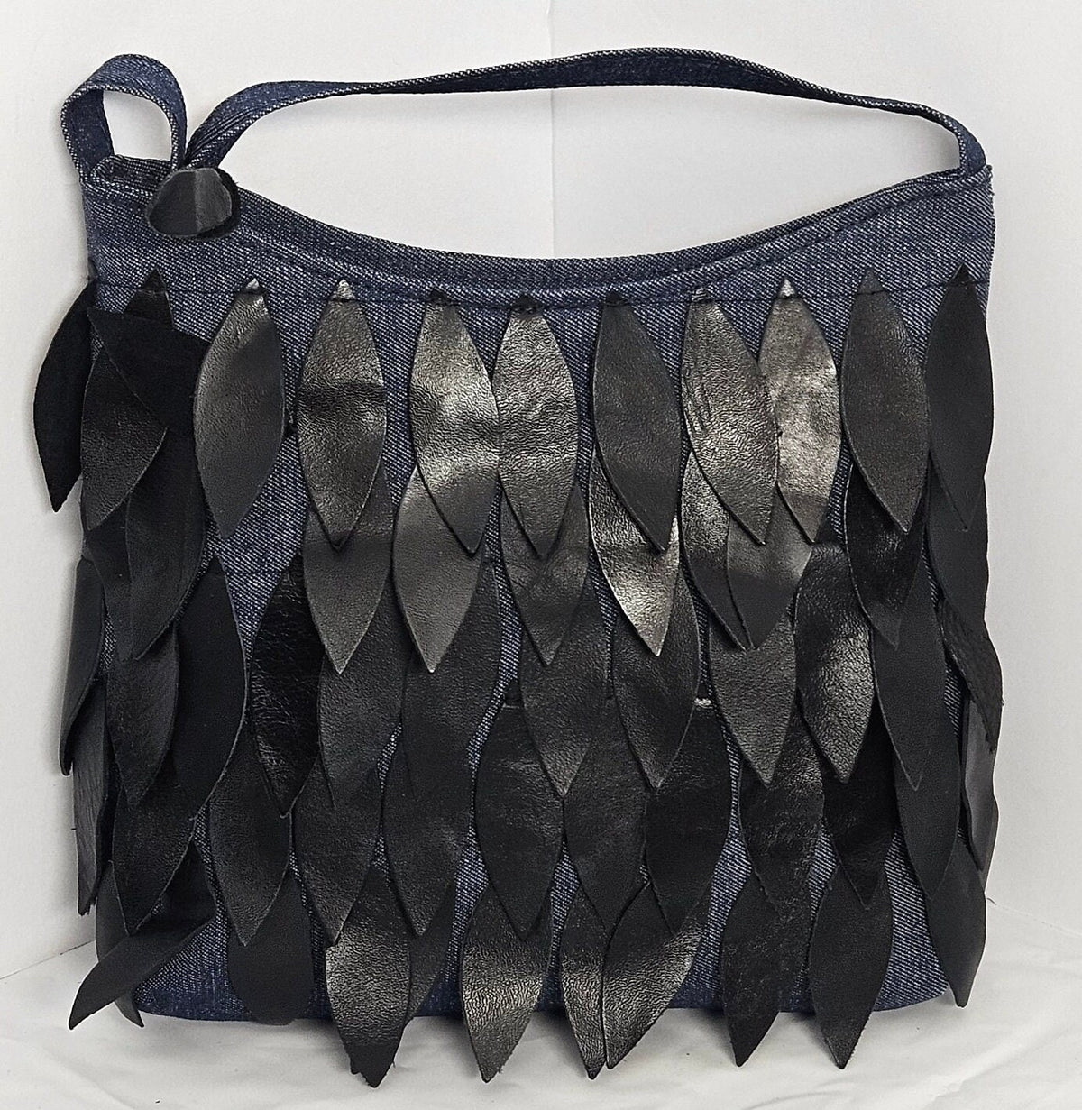 Blue Denim Moon Bag, Black Leather Leaf Design, Handmade in USA