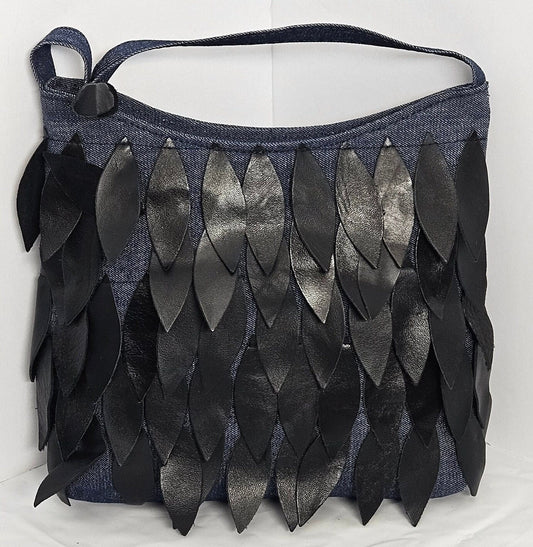 Blue Denim Moon Bag, Black Leather Leaf Design, Handmade in USA