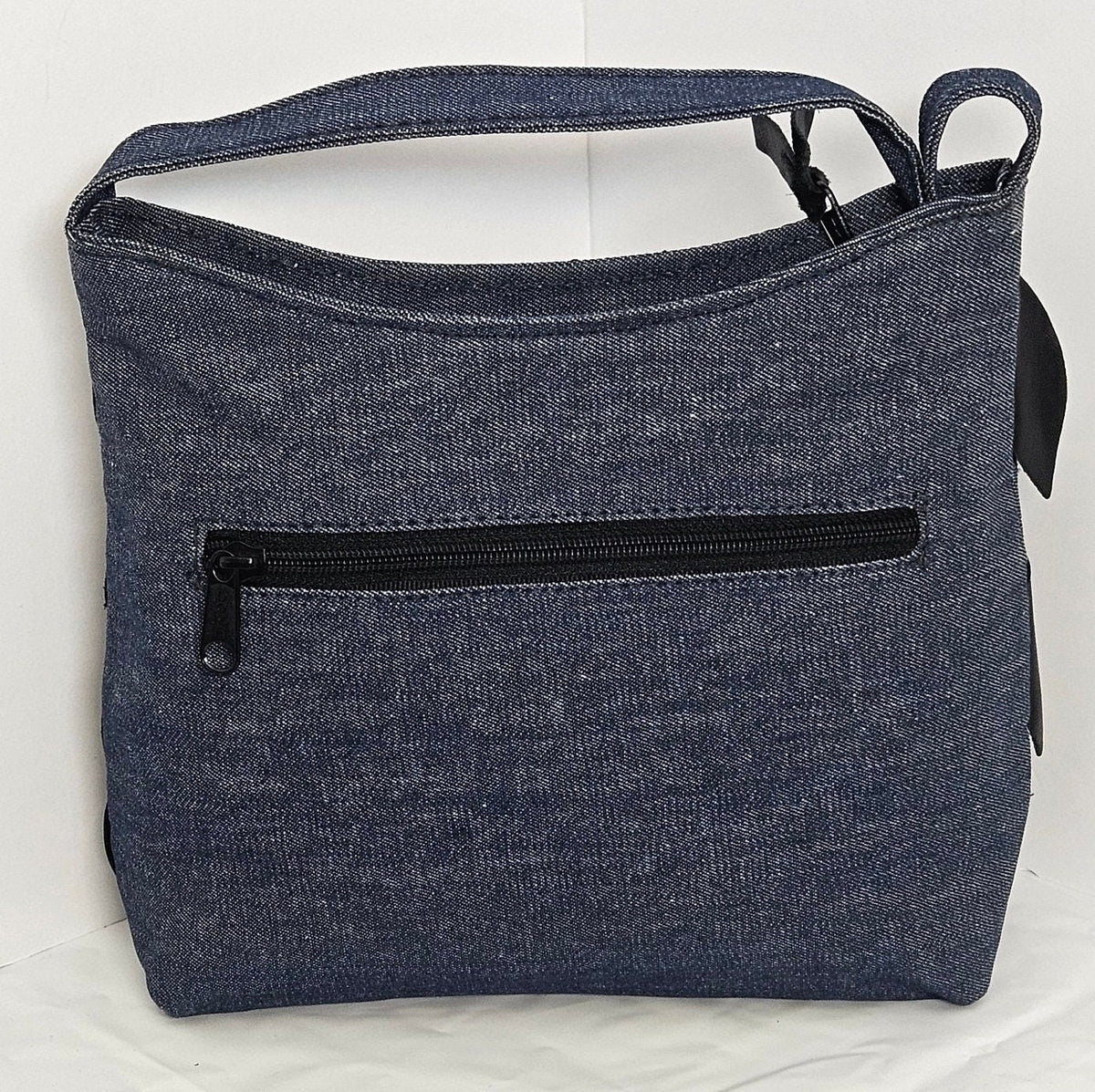 Blue Denim Moon Bag, Black Leather Leaf Design, Handmade in USA