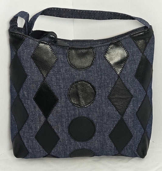 Denim Handbag with Black Leather Diamond and Circle Design, USA Made