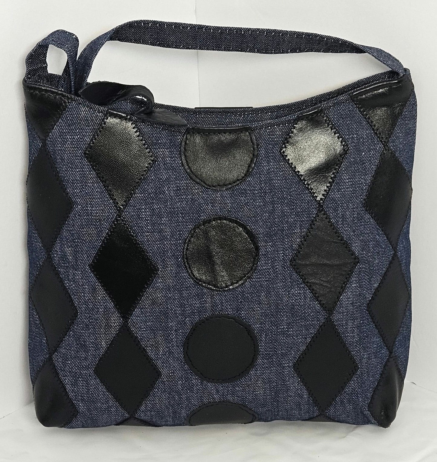 Blue Denim with black diamond and circle cut Genuine Leather Handbag for all! #Tr306Dbdc,Gift for Mom,her,girls. design Purses for you!