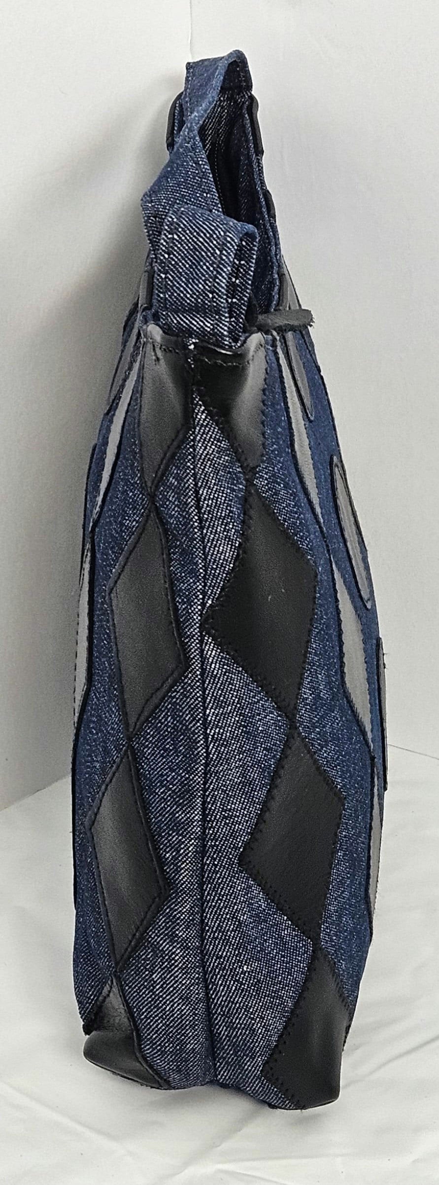 Denim Handbag with Black Leather Diamond and Circle Design, USA Made