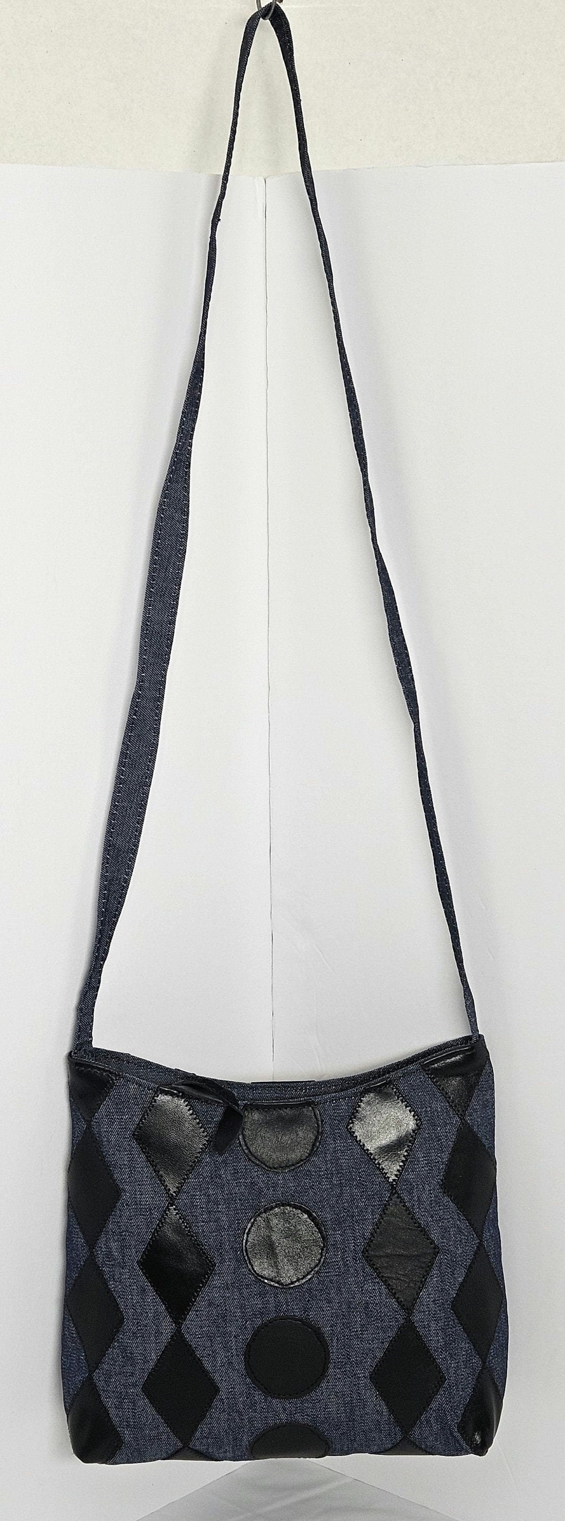 Denim Handbag with Black Leather Diamond and Circle Design, USA Made