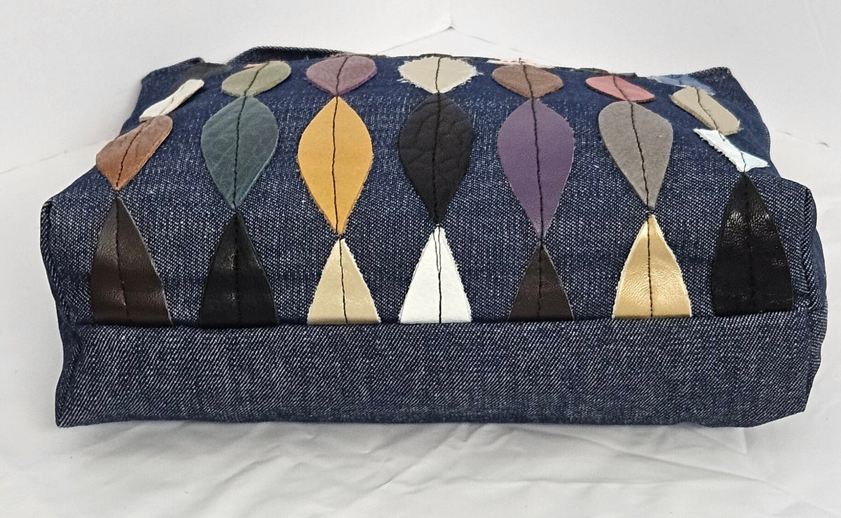 Blue Denim Moonbag: Genuine Leather Leaf Applique Handbag
