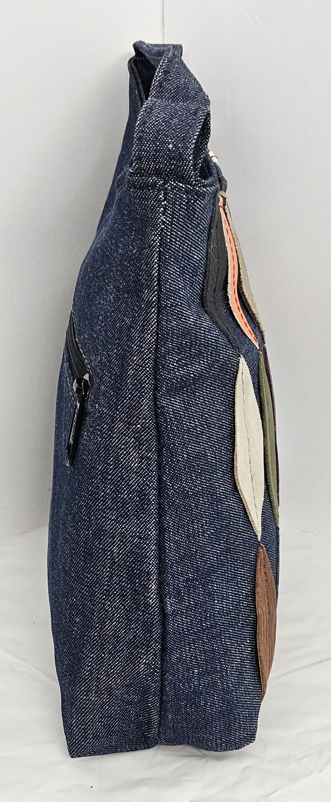 Blue Denim Moonbag: Genuine Leather Leaf Applique Handbag
