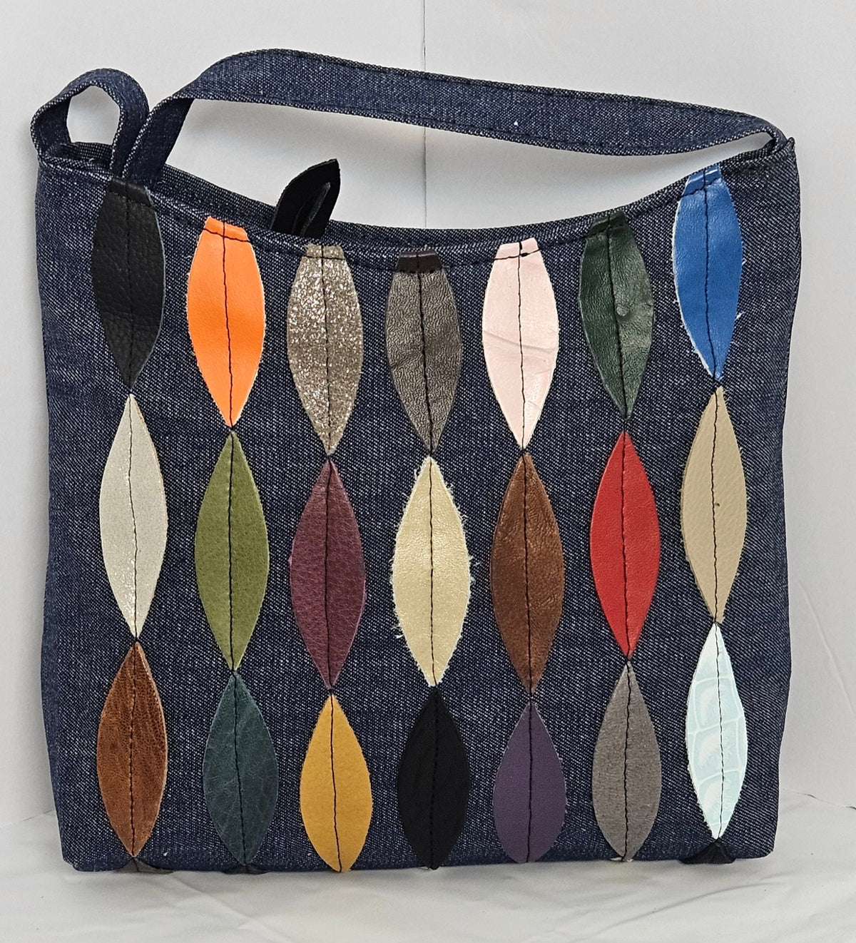 Blue Denim Moonbag: Genuine Leather Leaf Applique Handbag