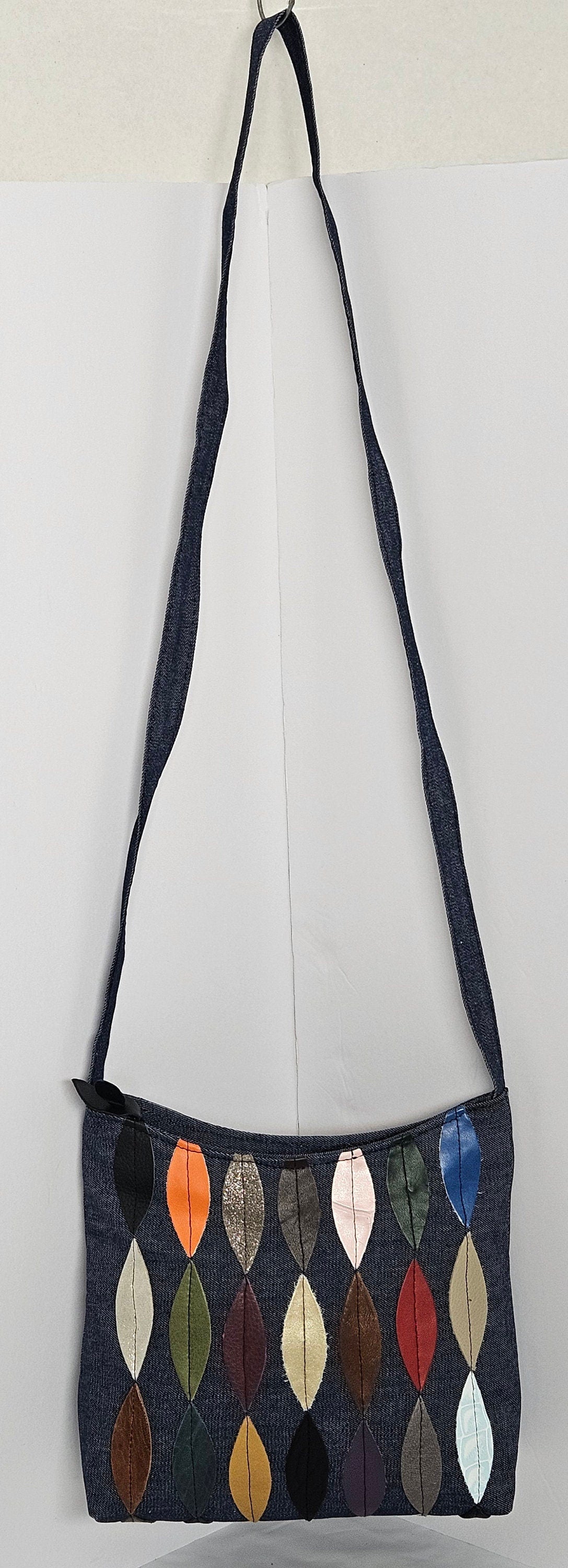 Blue Denim Moonbag: Genuine Leather Leaf Applique Handbag