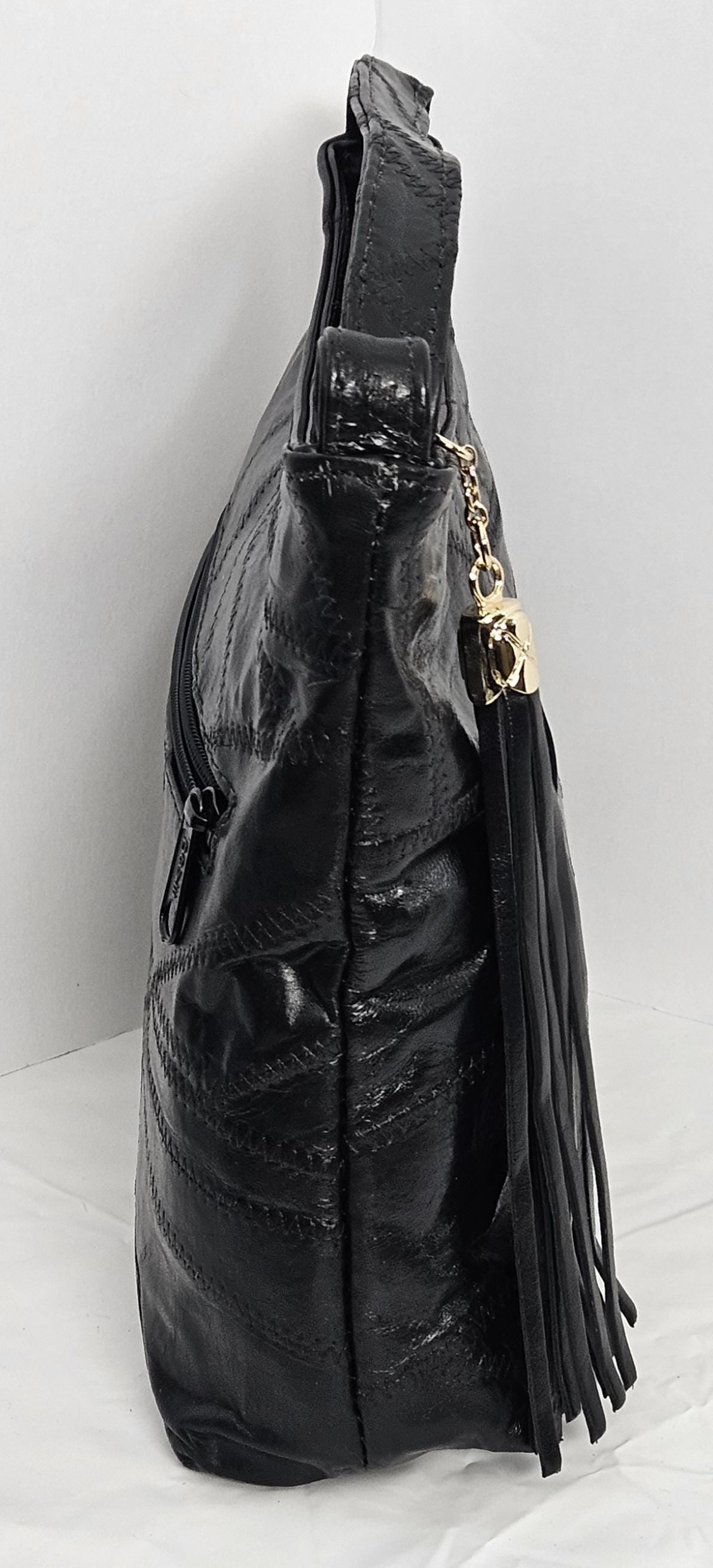 Black Patchwork Genuine Leather Handbag - Made in USA