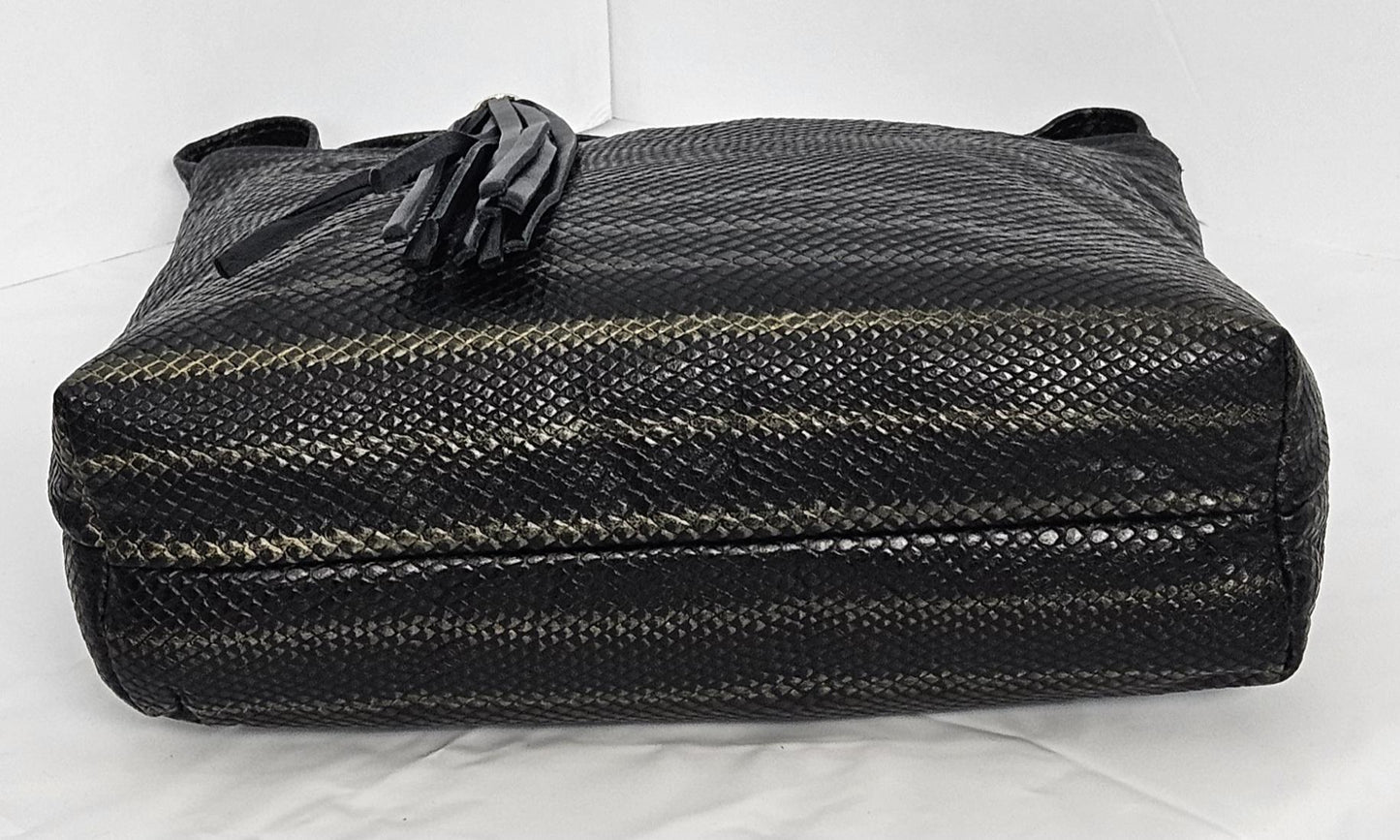 Two-Tone Leather Handbag, Black & Pewter Print, USA Made