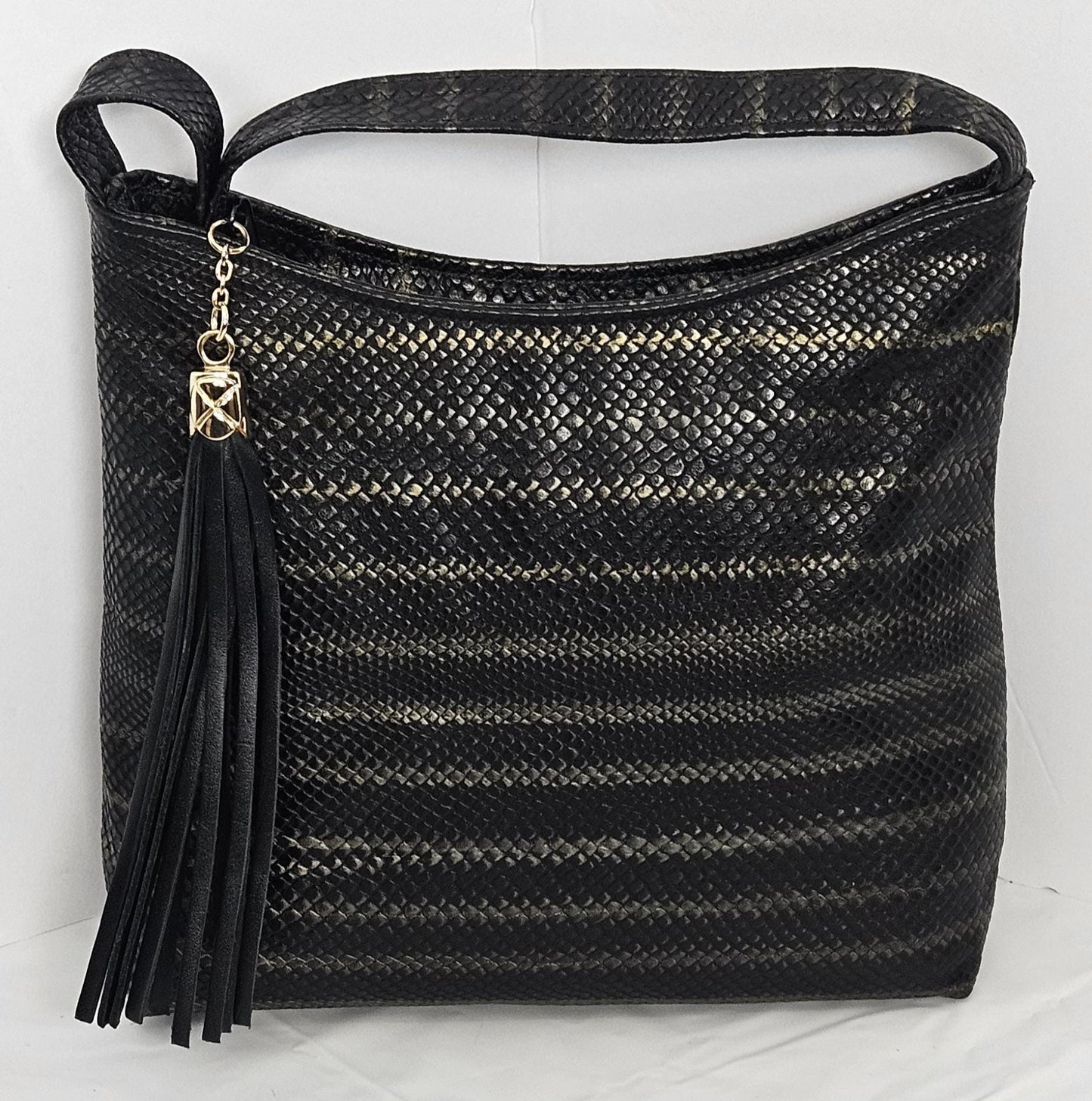 Two-Tone Leather Handbag, Black & Pewter Print, USA Made
