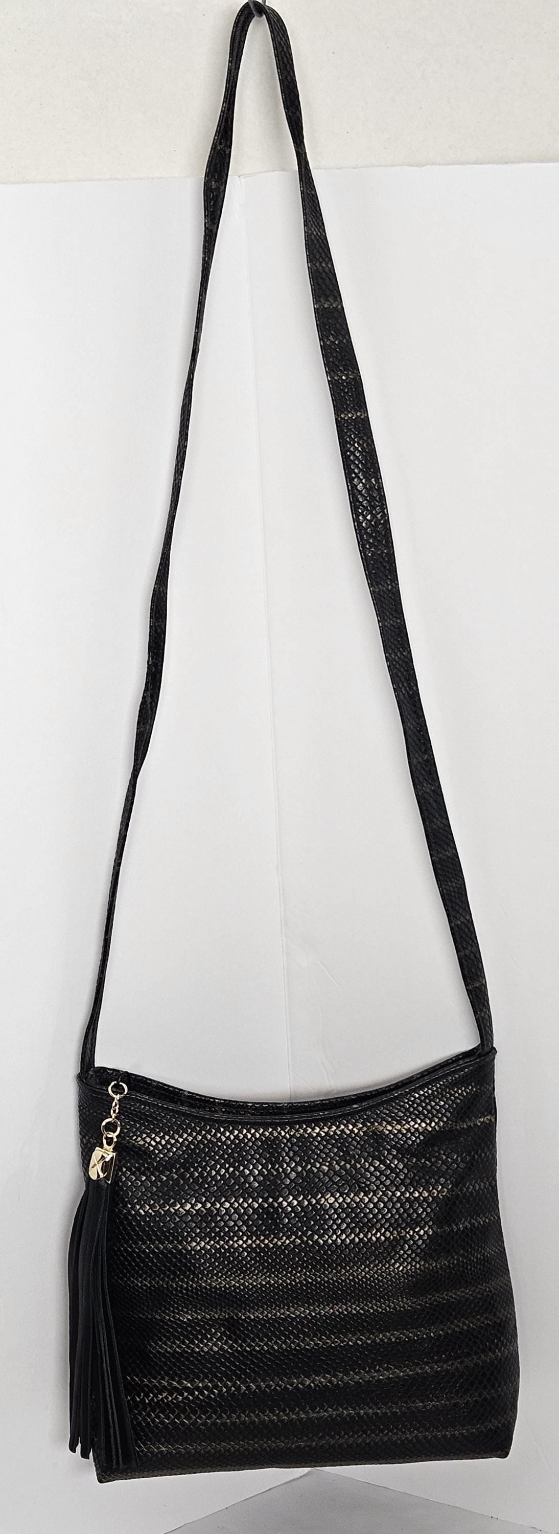 Two-Tone Leather Handbag, Black & Pewter Print, USA Made