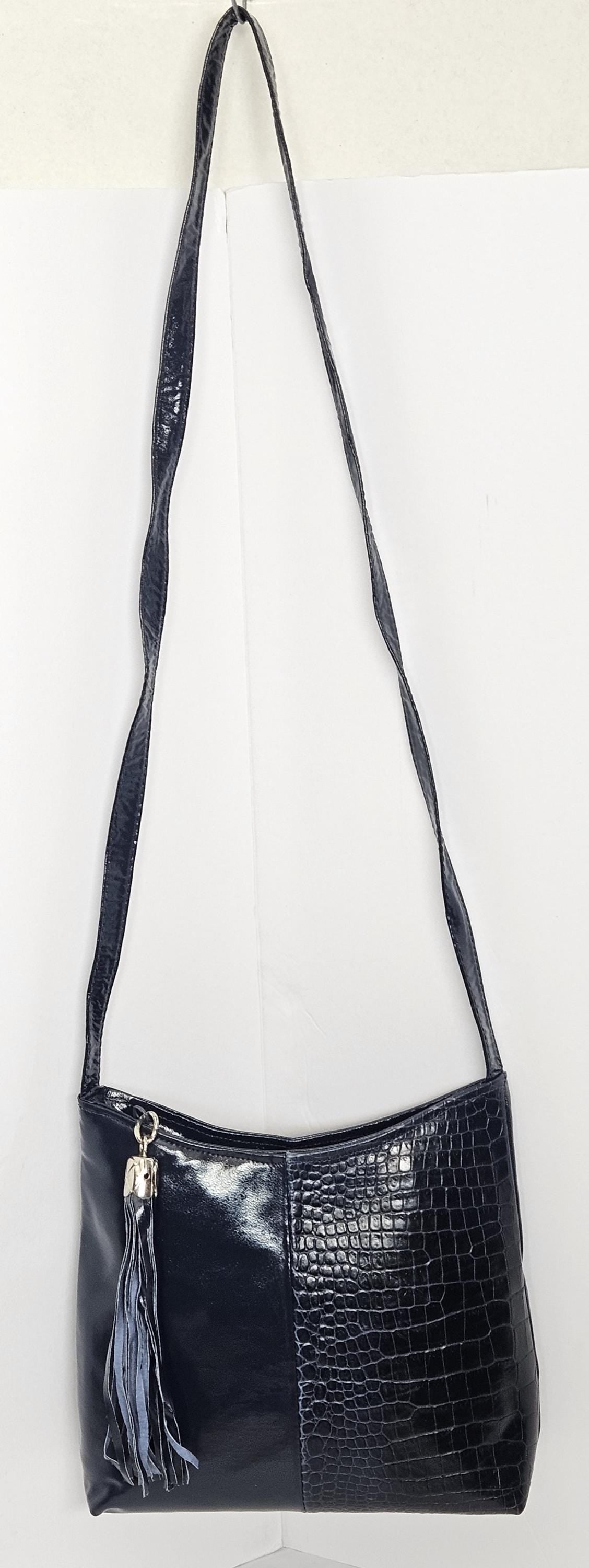Two-Tone Leather Handbag, Navy Crocodile & Black, Made in USA