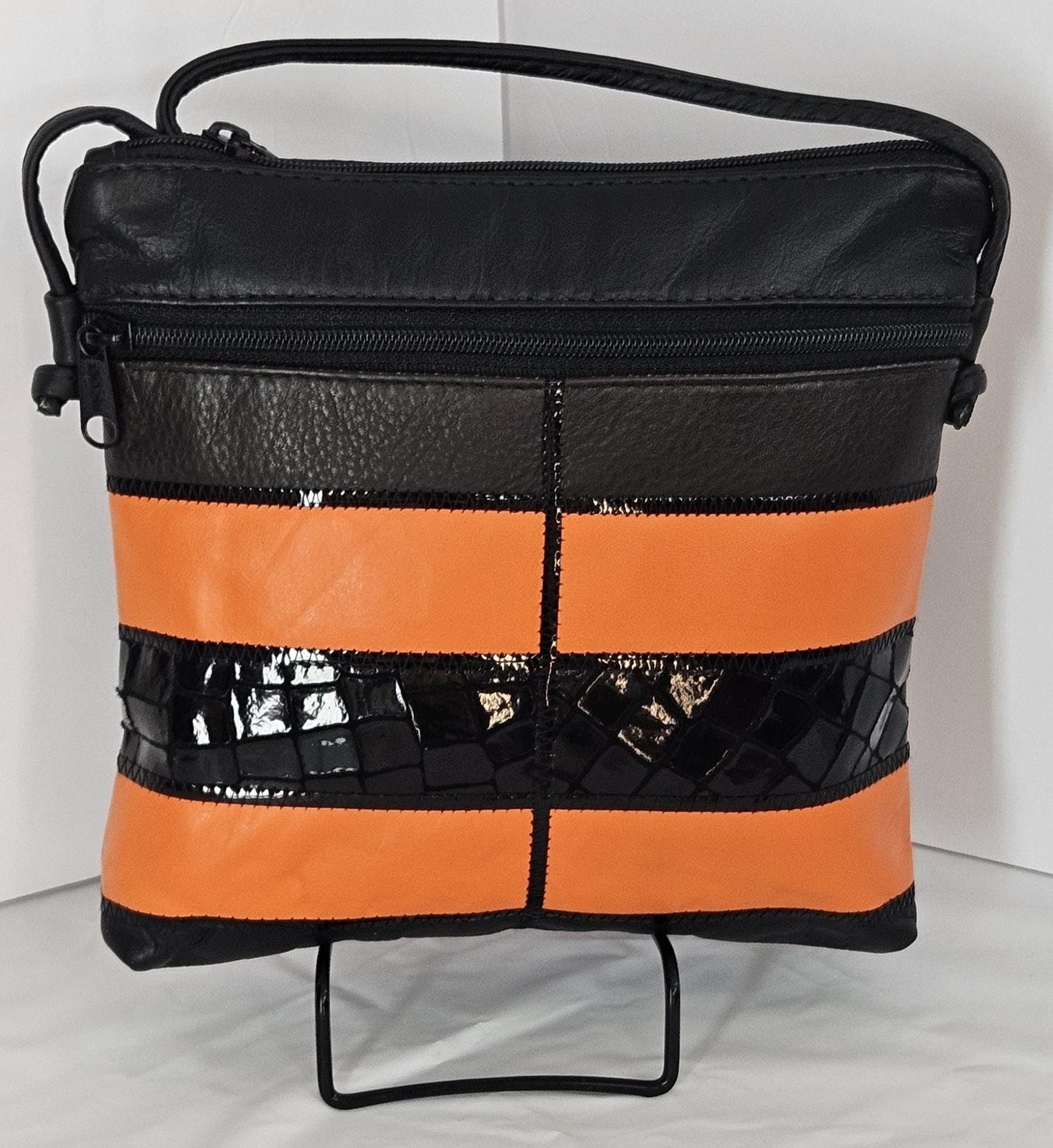 Black/Orange&Blackprint with blackPatton leather Zigzag work purse.for Women,girls,and Universal use     #Tr305-2BObpz.Design for you.