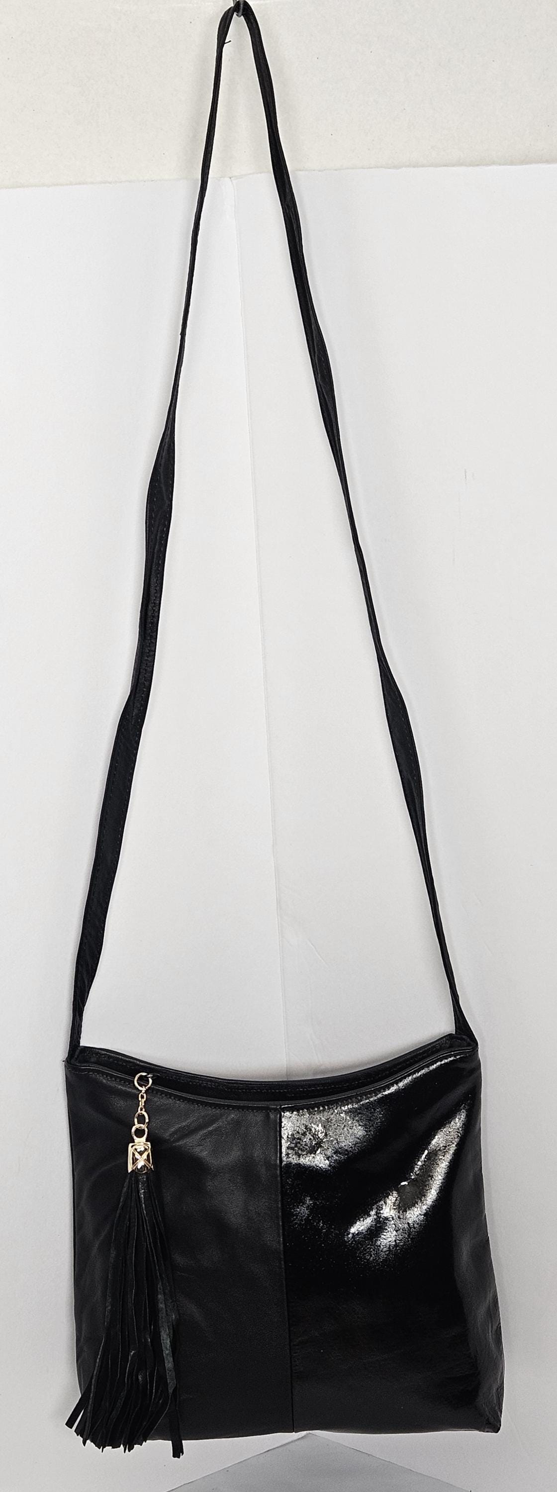 Black Leather Crossbody Handbag, Half & Half Design, Made in USA