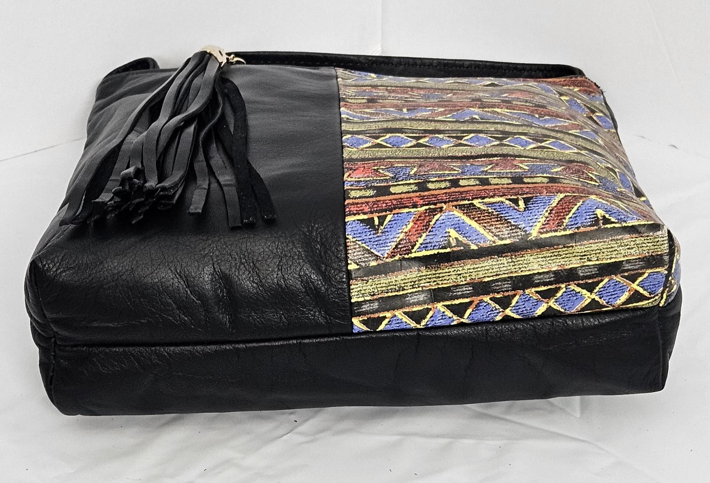 Black Genuine Leather Handbag, Multi-Print Crossbody Purse, Made in USA
