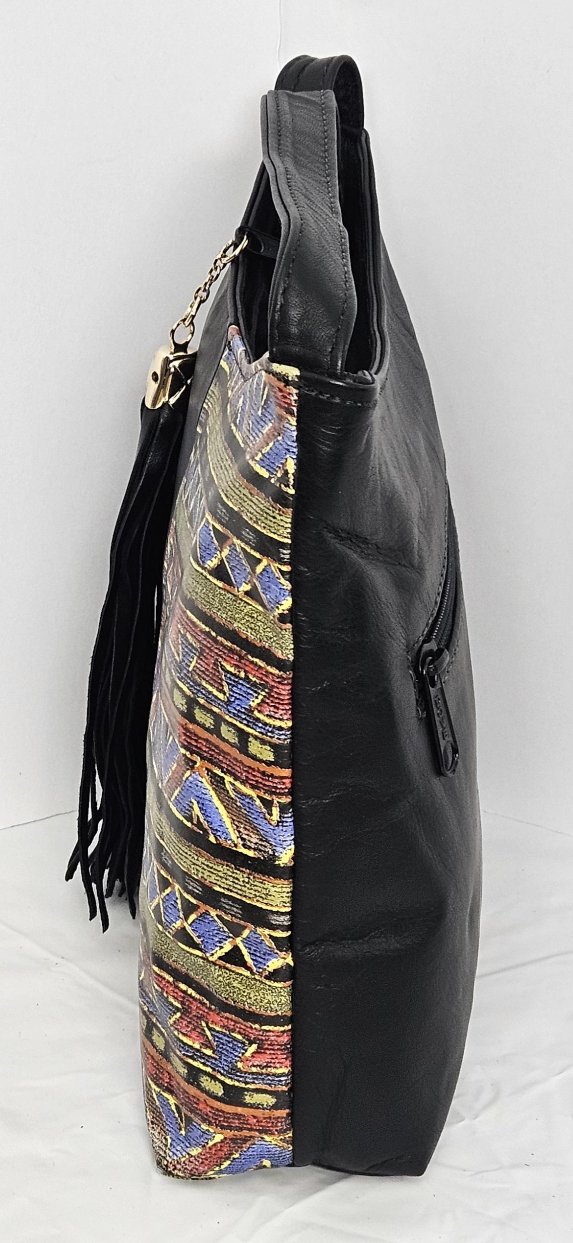 Black Genuine Leather Handbag, Multi-Print Crossbody Purse, Made in USA