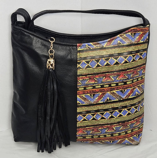 Black Genuine Leather Handbag, Multi-Print Crossbody Purse, Made in USA